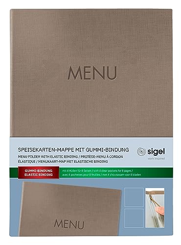 SIGEL SM210 Speisekarten-Mappe A4, Gummi-Bindung, beige mit Leinenstruktur, strapazierfähig und leicht abwischbar von Sigel