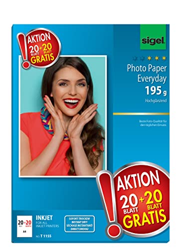 SIGEL T1155 InkJet Everyday Fotopapier, 20 + 20 Blatt gratis, A4, hochglänzend, 195 g von Sigel