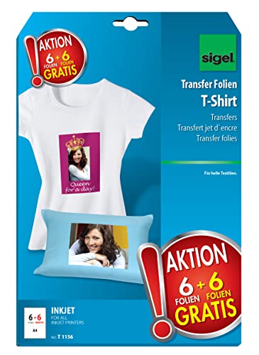SIGEL T1156 Transferpapier Transferfolie Bügelfolie für helle Textilien und Tintenstrahldrucker, 12 Blatt A4 von Sigel
