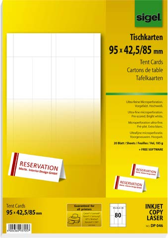 SIGEL Tischkarte, Inkjet/Laser/Kopierer, Papier, 185 g/m², 95 x 42/85 mm, weiß (80 Stück), Sie erhalten 1 Packung á 80 Stück von Sigel