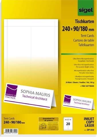 SIGEL Tischkarte, Inkjet/Laser/Kopierer, Papier, 185 g/m², 240 x 90/180 mm, weiß (20 Stück), Sie erhalten 1 Packung á 20 Stück von Sigel