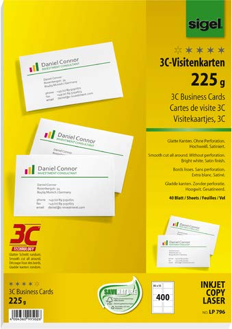 SIGEL Visitenkarte 3C, Inkjet/Laser/Kopierer, Edelkarton, 225 g/m², 85 x 55 mm, hochweiß, glatter Rand (400 Stück), Sie erhalten 1 Packung á 400 Stück von Sigel