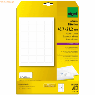 Sigel Adress-Etiketten 45,7x21,2mm weiß VE=1200 Stück Sigel Adress-Etiketten 45,7x21,2mm weiß VE=1200 Stück von Sigel