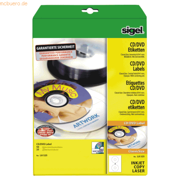 Sigel CD-/DVD-Etiketten Inkjet/Laser Kopier 117mm VE=50 Stück (25 Blat von Sigel