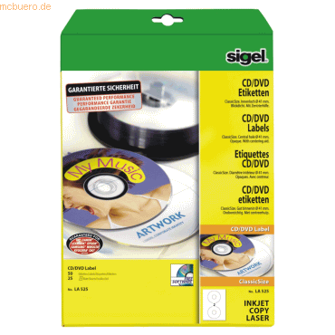 Sigel CD-/DVD-Etiketten Inkjet/Laser Kopier 117mm VE=50 Stück (25 Blat Sigel CD-/DVD-Etiketten Inkjet/Laser Kopier 117mm VE=50 Stück (25 Blat von Sigel