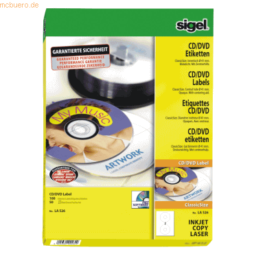 Sigel CD-/DVD-Etiketten Inkjet/Laser Kopier 117mm VE=50 Stück (25 Blat von Sigel