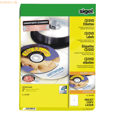 Sigel CD-/DVD-Etiketten Inkjet/Laser Kopier 117mm VE=50 Stück (25 Blat Sigel CD-/DVD-Etiketten Inkjet/Laser Kopier 117mm VE=50 Stück (25 Blat von Sigel