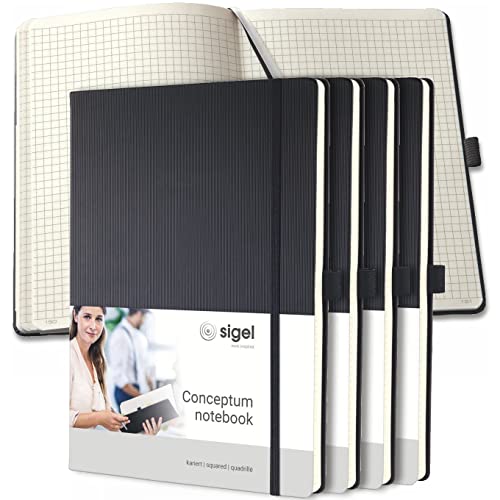 SIGEL CO111/5 Premium Notizbuch kariert, A4, Hardcover, schwarz, 5er Pack, Conceptum - mit Seitenzahlen, Inhaltsverzeichnis, Stiftschlaufe, Falttasche von Sigel