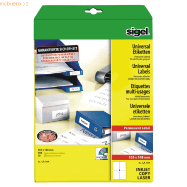 Sigel Etiketten Inkjet/Laser Kopier 105x148mm VE=100 Stück (25 Blatt) von Sigel