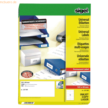 Sigel Etiketten Inkjet/Laser Kopier 105x48mm VE=1200 Stück (100 Blatt) von Sigel