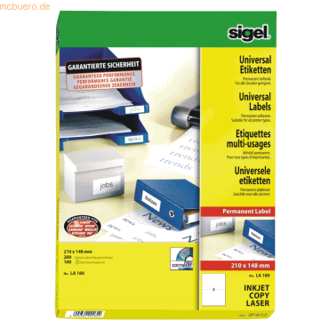 Sigel Etiketten Inkjet/Laser Kopier 210x148mm VE=200 Stück (25 Blatt) von Sigel