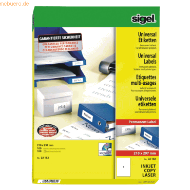 Sigel Etiketten Inkjet/Laser Kopier 210x297mm VE=100 Stück (100 Blatt) von Sigel