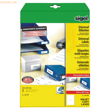 Sigel Etiketten Inkjet/Laser Kopier 210x297mm VE=25 Stück (25 Blatt) w von Sigel