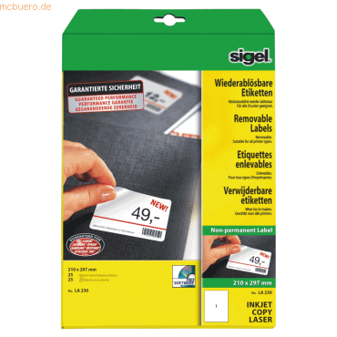 Sigel Etiketten Inkjet/Laser Kopier 210x297mm ablösbar VE=25 Stück (25 von Sigel