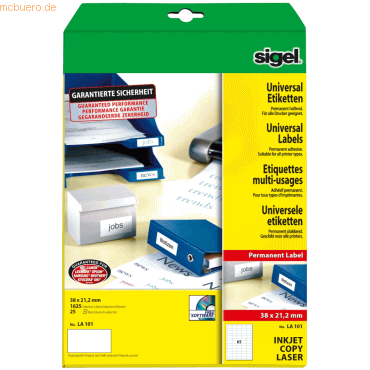 Sigel Etiketten Inkjet/Laser Kopier 38x21,2mm VE=1625 Stück weiß von Sigel