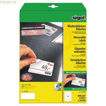 Sigel Etiketten Inkjet/Laser Kopier 45,7x21,2mm ablösbar VE=1200 Stück von Sigel