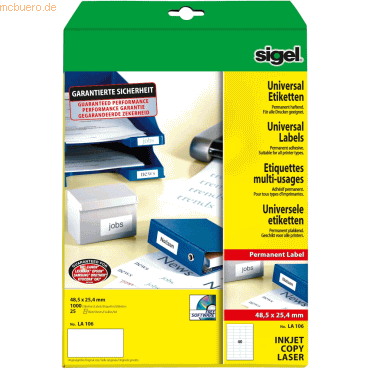 Sigel Etiketten Inkjet/Laser Kopier 48,5x25,4mm VE=1000 Stück (25 Blat Sigel Etiketten Inkjet/Laser Kopier 48,5x25,4mm VE=1000 Stück (25 Blat von Sigel