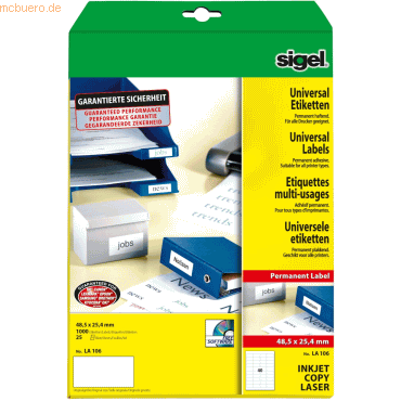 Sigel Etiketten Inkjet/Laser Kopier 48,5x25,4mm VE=1000 Stück (25 Blat von Sigel