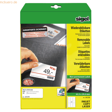 Sigel Etiketten Inkjet/Laser Kopier 63,5x29,6mm ablösbar VE=675 Stück von Sigel