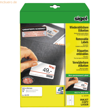 Sigel Etiketten Inkjet/Laser Kopier 63,5x29,6mm ablösbar VE=675 Stück Sigel Etiketten Inkjet/Laser Kopier 63,5x29,6mm ablösbar VE=675 Stück von Sigel