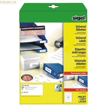 Sigel Etiketten Inkjet/Laser Kopier 70x36mm VE=600 Stück (25 Blatt) we von Sigel