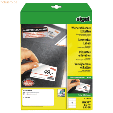 Sigel Etiketten Inkjet/Laser Kopier 96x50,8mm ablösbar VE=250 Stück (2 von Sigel