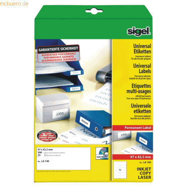 Sigel Etiketten Inkjet/Laser Kopier 97x42,3mm VE=300 Stück (25 Blatt) von Sigel