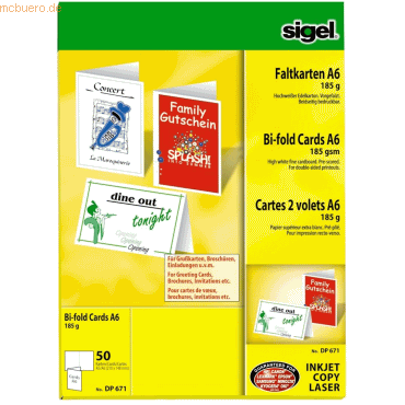 Sigel Faltkarten A6 hochweiß 185 g/qm VE=50 Stück Sigel Faltkarten A6 hochweiß 185 g/qm VE=50 Stück von Sigel