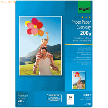 Sigel Fotopapier Inkjet Everyday Plus A4 200g/qm weiß glänzend VE=50 B von Sigel