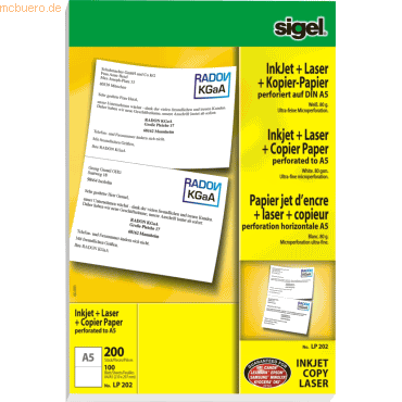 Sigel Ink/Laser/Kopier-Papier A5 (A4) 80g/qm 100 Blatt perforiert auf von Sigel