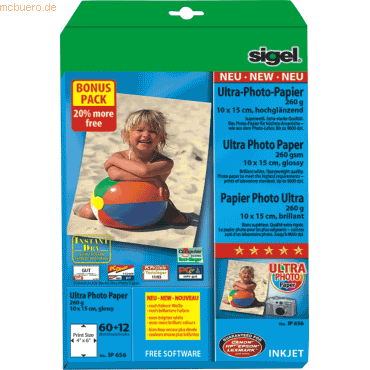 Sigel InkJet-Ultra-Photo-Papier 10x15cm 260g/qm hochglänzend 20+4 Blat von Sigel