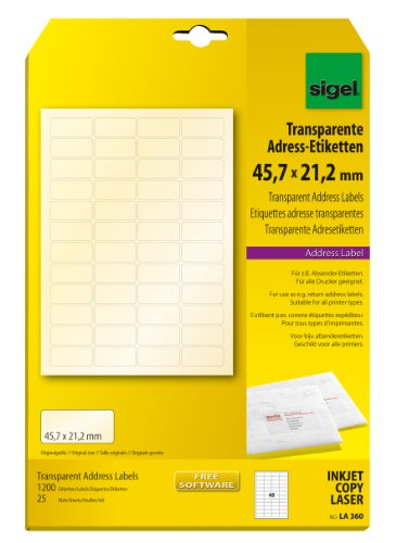 Sigel LA360 Adress-Etiketten transparent, 45,7 x 21,2 mm, 1200 Etiketten = 25 Blatt, abgerundete Ecken von Sigel