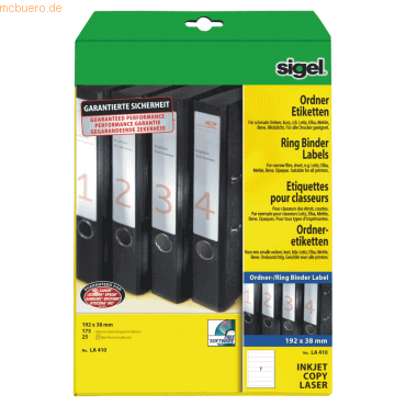 Sigel Ordner-Etiketten Inkjet/Laser Kopier 38x192mm VE=175 Stück (25 B von Sigel