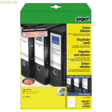 Sigel Ordner-Etiketten Inkjet/Laser Kopier 59x192mm VE=100 Stück (25 B von Sigel