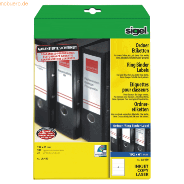 Sigel Ordner-Etiketten Inkjet/Laser Kopier 61x192mm VE=100 Stück (25 B Sigel Ordner-Etiketten Inkjet/Laser Kopier 61x192mm VE=100 Stück (25 B von Sigel
