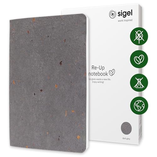 SIGEL RU105 veganes Notizbuch A5 liniert aus Kaffee/Baumwollresten, dickes 100 g Papier, NCP-Award: nachhaltig, frei von Plastik und Chemikalien, 100 Seiten, Re-Up Notizheft Geschenkbuch dunkelgrau von Sigel