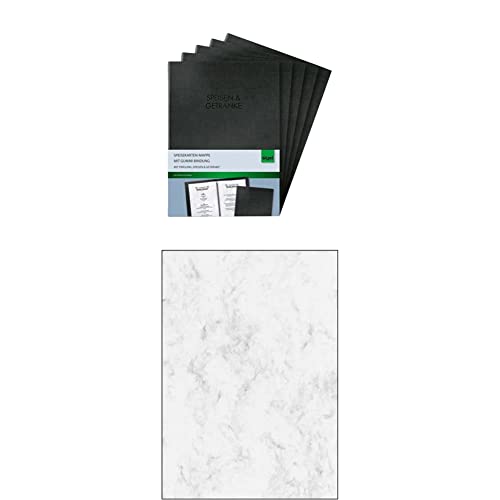 Sigel SM116/5 Speisekarten-Mappen mit Gummi-Bindung für A5, 5-er Pack, schwarz DP371 Hochwertiges Marmor-Papier grau, A4, 100 Blatt, Motiv beidseitig, 90 g, Briefpapier, Speisekarte von Sigel