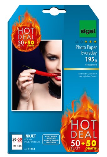 SIGEL T1154 InkJet Fotopapier, 50 + 50 Blatt gratis, 10 x 15 cm, hochglänzend, 195 g von Sigel