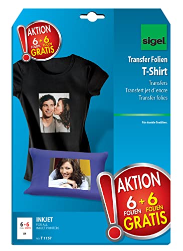 SIGEL T1157 Transferpapier Transferfolie Bügelfolie für dunkle Textilien und Tintenstrahldrucker, 12 Blatt A4 von Sigel
