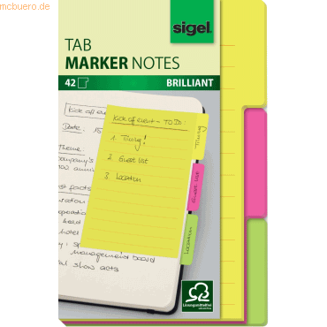 Sigel Tab Marker Notes Papier 100x148mm mit großem Notizfeld 3 Farben von Sigel