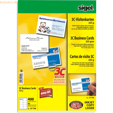 Sigel Visitenkarten Inkjet/Laser/Kopier 3C 200g weiß VE=400 Stück Sigel Visitenkarten Inkjet/Laser/Kopier 3C 200g weiß VE=400 Stück von Sigel