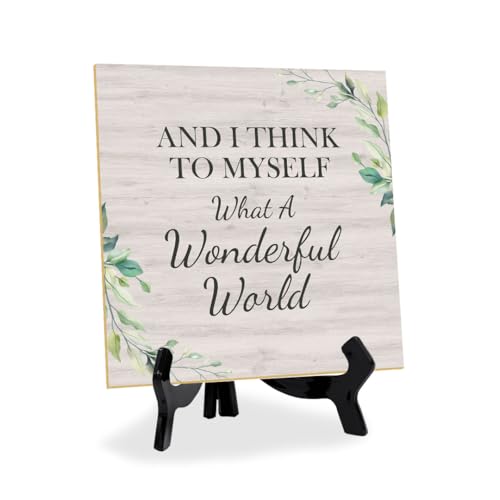 Quadratisches Tischschild mit Acryl-Staffelei und Aufschrift "And I Think To Myself What A Wonderful World", 12,7 x 12,7 cm, religiöse Heimdekoration von Signs ByLITA