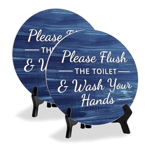 Round Please Flush The Toilet & Wash Your Hands, Badezimmer-Tischschild mit Acryl-Staffelei (12,7 x 12,7 cm), Blau, 2 Stück von Signs ByLITA