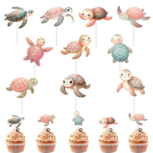 Silars Meeresschildkröte Tortendeko, 20 Stücke Schildkröte Cupcake Topper Schildkröten Deko Geburtstag, Tortenaufleger Schildkröte für Meerestier Theme Party, Babyparty, Geburtstag von Silars