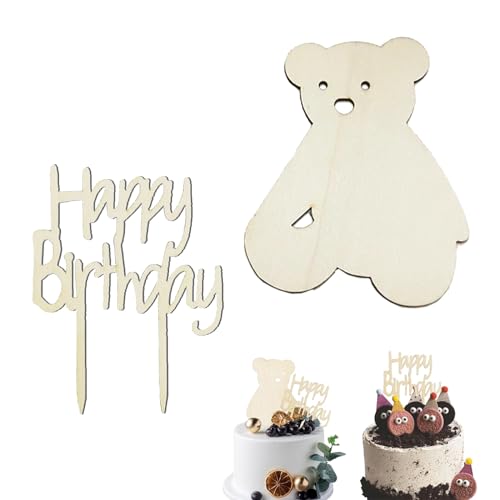 Silars Cake Topper Holz, 2stk Holz Deko Geburtstag Happy Birthday aus Holz, mit Bbären Deko für Torte, für Cake DIY Deko für Babyparty, Party, Tischdekoration von Silars