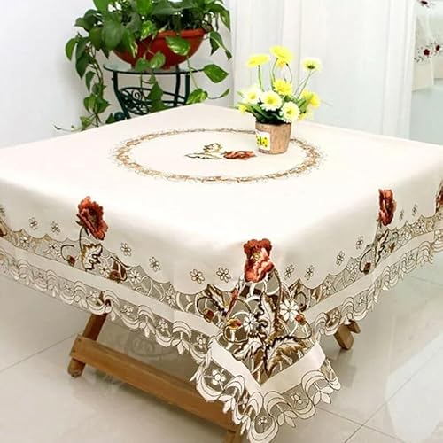 Ovale Tischdecke mit Vintage-Blumenmuster, bestickt, ländlicher Stil, Heimdekoration, geeignet für Hochzeiten und Partys (130 x 130 cm) von Sileduove