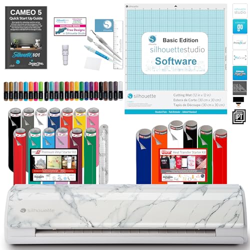 Silhouette America Silhouette Cameo 5 Bundle mit Vinyl Starter Kit, Heat Transfer Starter Kit, 24 Pack Stifte, Werkzeugset, Cameo 5 Start Up Guide mit Extra Designs (Marmor) von Silhouette America