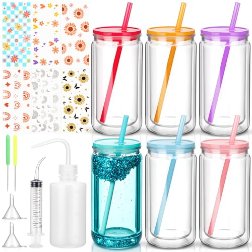 SiliFine 20 Stück Schneekugel-Zubehör für Glitzer-Schneekugel-Set, DIY-Glasbecher, Geschenk, 473 ml, vorgebohrt, doppelwandig, Becher mit Deckel und Strohhalm, Quetschflasche, Trichter, Pinzette von SiliFine