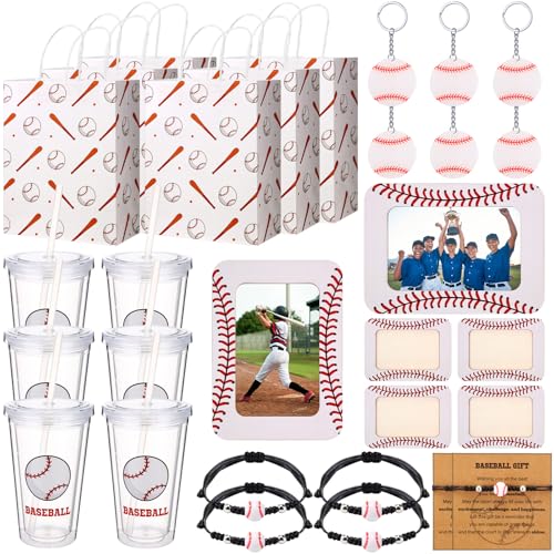 SiliFine Ball-Geschenke, Sport-Motto-Party-Gastgeschenk-Set mit Bilderrahmen, Kunststoffbecher, Armband, Schlüsselanhänger, Geschenktüte für Ball, Party, Belohnungsgeschenke (Baseball) von SiliFine