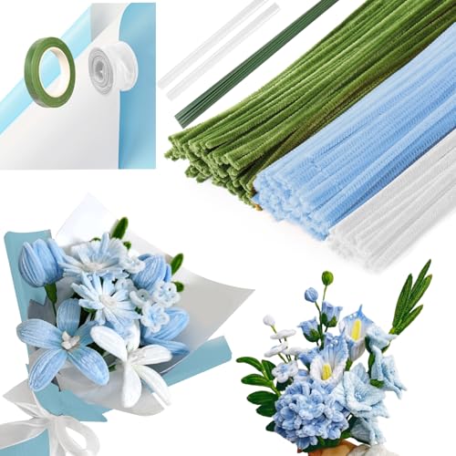 300 Stück Pfeifenreiniger Blumen Set - Pfeifenputzer zum Basteln mit Floristenband, Blumendraht, Schmelz Kleber, Floristenkrepp & Geschenkbänder - DIY Blumenstrauß Blumendeko (Blau, Grün, Weiß) von Silkwish